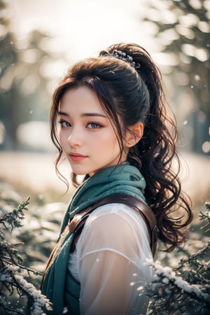 1 girl, young girl, Sweet face, full body, charming eyes{beautiful and detailed eyes}, looking to audience (shy and embarrassed), evil smile, sexy lips, delicate facial features, busty body type, (dark hair:1.2),  long ponytail, curly hair, {{model pose}},  hanfu(white, transparent), wearing fur hat, wearing leather gloves, winter, forest, snowing heavily, flim grain, masterpiece, Best Quality, natural and soft light photorealistic, ultra-detailed, finely detailed, high resolution, sharp-focus, glowing forehead, perfect shading, highres, photorealistic,perfect hand,perfect,hand