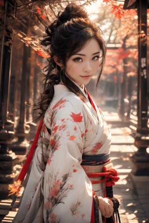 1girl, Sweet face, full body, very huge breasts, charming eyes, looking to audience, {beautiful and detailed eyes}, eye smile, ((nervous and embarrassed)), sexy lips, delicate facial features,((model pose)), Glamor body type, (dark hair:1.2),  long ponytail, curly hair, Female Samurai, {{holding a Japanese Sword}}, beautiful hanfu(white, transparent), Japan temple, autumn morning, under maple tree, (maple leaf scattered), flim grain, masterpiece, Best Quality, natural and soft light photorealistic, ultra-detailed, finely detailed, high resolution, sharp-focus, glowing forehead, perfect shading, highres, photorealistic,perfect