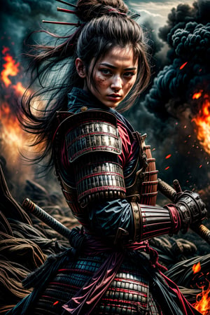Female samurai, charming eyes, sexy lips, long hair, cool face, huge_breast, sideways, bright blue samurai armour, swinging samurai sword, battle_stance, full_body, canon shelling, explorsion, flames, pirate ship on fire, bright lights, on the sea, sharp focus, perfect shading, masterpiece, best quality, extremely detailed, highres, photorealistic, hand,fingers,oil painting