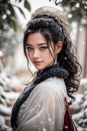 1 girl, young girl, Sweet face, full body, charming eyes{beautiful and detailed eyes}, looking to audience (shy and embarrassed), evil smile, sexy lips, delicate facial features, busty body type, (dark hair:1.2),  long ponytail, curly hair, {{model pose}},  hanfu(white, transparent), wearing fur hat, wearing leather gloves, winter, forest, snowing heavily, flim grain, masterpiece, Best Quality, natural and soft light photorealistic, ultra-detailed, finely detailed, high resolution, sharp-focus, glowing forehead, perfect shading, highres, photorealistic,perfect hand,perfect,hand