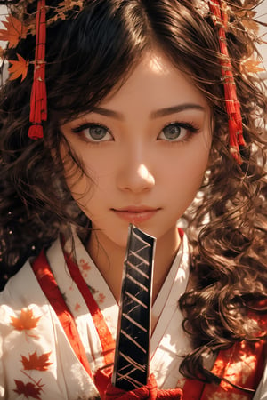 1girl, Sweet face, full body, very huge breasts, charming eyes, looking to audience, {beautiful and detailed eyes}, eye smile, ((nervous and embarrassed)), sexy lips, delicate facial features,((model pose)), Glamor body type, (dark hair:1.2),  long ponytail, curly hair, Female Samurai, {{holding a Japanese Sword}}, beautiful hanfu(white, transparent), Japan temple, autumn morning, under maple tree, (maple leaf scattered), flim grain, masterpiece, Best Quality, natural and soft light photorealistic, ultra-detailed, finely detailed, high resolution, sharp-focus, glowing forehead, perfect shading, highres, photorealistic,perfect