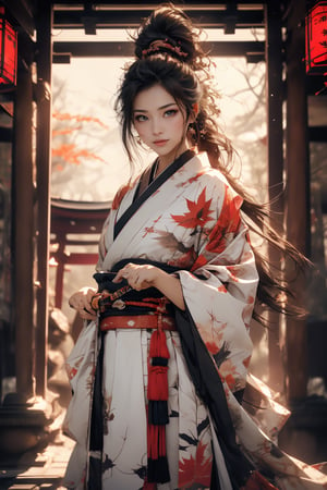 1girl, Sweet face, full body, very huge breasts, charming eyes, looking to audience, {beautiful and detailed eyes}, eye smile, ((nervous and embarrassed)), sexy lips, delicate facial features,((model pose)), Glamor body type, (dark hair:1.2),  long ponytail, straight hair, Female Samurai, {{holding a Japanese Sword}}, beautiful hanfu(black, transparent), Japan temple, autumn morning, under maple tree, (maple leaf scattered), flim grain, masterpiece, Best Quality, natural and soft light photorealistic, ultra-detailed, finely detailed, high resolution, sharp-focus, glowing forehead, perfect shading, highres, photorealistic,perfect