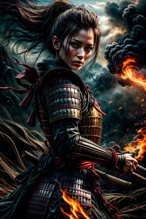 Female samurai, charming eyes, sexy lips, long hair, cool face, huge_breast, bright blue samurai armour, swinging samurai sword, battle_stance, full_body, canon shelling, explorsion, flames, pirate ship on fire, bright lights, on the sea, sharp focus, perfect shading, masterpiece, best quality, extremely detailed, highres, photorealistic, hand,fingers,oil painting