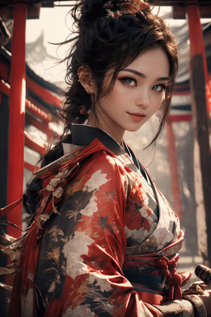 1girl, Sweet face, full body, very huge breasts, charming eyes, looking to audience, {beautiful and detailed eyes}, eye smile, ((nervous and embarrassed)), sexy lips, delicate facial features,((model pose)), Glamor body type, (dark hair:1.2),  long ponytail, straight hair, Female Samurai, {{holding a Japanese Sword}}, beautiful hanfu(black, transparent), Japan temple, autumn morning, under maple tree, (maple leaf scattered), flim grain, masterpiece, Best Quality, natural and soft light photorealistic, ultra-detailed, finely detailed, high resolution, sharp-focus, glowing forehead, perfect shading, highres, photorealistic,perfect