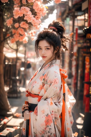 1girl, Sweet face, full body, very huge breasts, charming eyes, looking to audience, {beautiful and detailed eyes}, eye smile, ((nervous and embarrassed)), sexy lips, delicate facial features,((model pose)), Glamor body type, (dark hair:1.2),  long ponytail, curly hair, Female Samurai, {{holding a Japanese Sword}}, beautiful hanfu(orange, transparent), Japan temple, spring morning, under sakura tree, (sakura petals scattered), flim grain, masterpiece, Best Quality, natural and soft light photorealistic, ultra-detailed, finely detailed, high resolution, sharp-focus, glowing forehead, perfect shading, highres, photorealistic,perfect