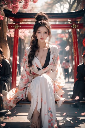 1girl, Sweet face, full body, very huge breasts, charming eyes, looking to audience, {beautiful and detailed eyes}, eye smile, ((nervous and embarrassed)), sexy lips, delicate facial features,((model pose)), Glamor body type, (dark hair:1.2),  long ponytail, curly hair, Female Samurai, {{Swinging a Japanese Sword}}, kungfu dancing, beautiful hanfu(white, transparent), Japan temple, spring morning, under sakura tree, (sakura petals scattered), flim grain, masterpiece, Best Quality, natural and soft light photorealistic, ultra-detailed, finely detailed, high resolution, sharp-focus, glowing forehead, perfect shading, highres, photorealistic,perfect