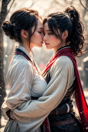 2 Mature lady{hugging and kiss each other}, Sweet face, full body, very huge breast, charming eyes{beautiful and detailed eyes}, eye smile, sexy lips, delicate facial features, busty body type, (dark hair:1.2),  long ponytail, curly hair, hanfu(white, transparent), wearing big fur hat, wearing thick gloves, wearing fur scarf, winter, forest, snowing heavily, flim grain, masterpiece, Best Quality, natural and soft light photorealistic, ultra-detailed, finely detailed, high resolution, sharp-focus, glowing forehead, perfect shading, highres, photorealistic,perfect