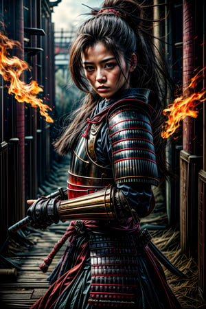 Female samurai, charming eyes, sexy lips, long hair, cool face, huge_breast, bright blue samurai armour, swinging samurai sword, battle_stance, Japan castle, war zone, collapse temple, full_body, canon shelling, explorsion, flames, bright lights, sharp focus, perfect shading, masterpiece, best quality, extremely detailed, highres, photorealistic, hand,fingers,oil painting