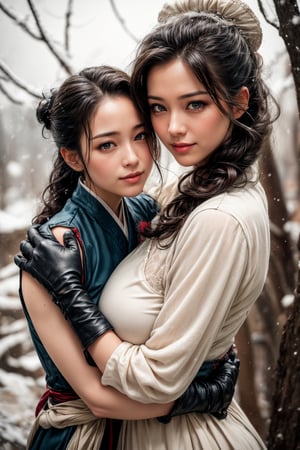 2 Mature lady{hugging each other}, Sweet face, full body, mature body type ((very huge breast and thick ass)), charming eyes{beautiful and detailed eyes}, looking to audience (shy and embarrassed), evil smile, sexy lips, delicate facial features, busty body type, (dark hair:1.2),  long ponytail, curly hair, hanfu(white, transparent), wearing fur hat, leather gloves, winter, forest, snowing heavily, flim grain, masterpiece, Best Quality, natural and soft light photorealistic, ultra-detailed, finely detailed, high resolution, sharp-focus, glowing forehead, perfect shading, highres, photorealistic,perfect hand