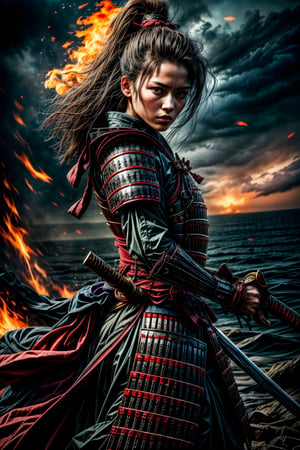 Female samurai, charming eyes, sexy lips, long hair, cool face, huge_breast, bright blue samurai armour, swinging samurai sword, battle_stance, full_body, canon shelling, explorsion, flames, pirate ship on fire, bright lights, on the sea, sharp focus, perfect shading, masterpiece, best quality, extremely detailed, highres, photorealistic, hand,fingers,oil painting