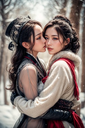 2 Mature lady{hugging and kiss each other}, deeply kiss, Sweet face, full body, very huge breast, charming eyes{beautiful and detailed eyes}, eye smile, sexy lips, delicate facial features, busty body type, (dark hair:1.2),  long ponytail, curly hair, hanfu(white, transparent), wearing big fur hat, wearing thick gloves, wearing fur scarf, winter, forest, snowing heavily, flim grain, masterpiece, Best Quality, natural and soft light photorealistic, ultra-detailed, finely detailed, high resolution, sharp-focus, glowing forehead, perfect shading, highres, photorealistic,perfect