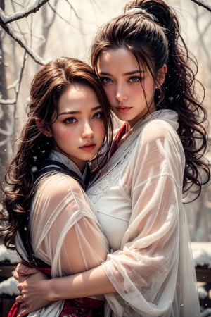 2 Mature lady{hugging each other}, Sweet face, full body, very huge breast, charming eyes, looking to audience {beautiful and detailed eyes}, eye smile, sexy lips, delicate facial features, busty body type, (dark hair:1.2),  long ponytail, curly hair, hanfu(white, transparent), winter, forest, snowing heavily, flim grain, masterpiece, Best Quality, natural and soft light photorealistic, ultra-detailed, finely detailed, high resolution, sharp-focus, glowing forehead, perfect shading, highres, photorealistic,perfect