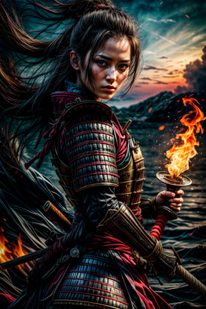 Female samurai, charming eyes, sexy lips, long hair, cool face, huge_breast, sideways, bright blue samurai armour, swinging samurai sword, battle_stance, full_body, canon shelling, explorsion, flames, pirate ship on fire, bright lights, on the sea, sharp focus, perfect shading, masterpiece, best quality, extremely detailed, highres, photorealistic, hand,fingers,oil painting