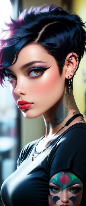 1girl, solo, looking at viewer, short hair, shirt, black hair, jewelry, yellow eyes, upper body, short sleeves, red hair, multicolored hair, earrings, lips, eyelashes, tattoo, makeup, piercing, lipstick, ear piercing, yellow shirt, realistic, nose, red lips, arm tattoo, very short hair, mascara, eyebrow piercing,Japan Vibes,FUJI