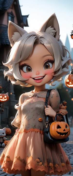 (masterpiece, best quality, 32k UHD), 1girl, solo, ((((Chibi)))), A little girl with silver hair, fox ears, a smile, a blush, a very delicate lacey dress of ((mini length, sheer)), a shoulder bag with a jack-o-lantern, a cityscape with Halloween decorations.