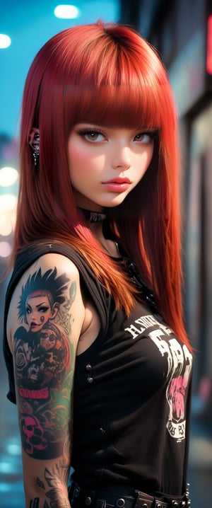 (masterpiece, top quality, best quality, official art, beautiful and aesthetic:1.2), hdr, high contrast, wideshot, 1girl, long red straight hair with bangs, look at viewer, clearly brown eyes, longfade eyebrow, soft make up, ombre lips, full body tattoo, medium breast, punk girl, (punk theme:1.5), finger detailed, background detailed, ambient lighting, extreme detailed, cinematic shot, realistic ilustration, (soothing tones:1.3), (hyperdetailed:1.2)