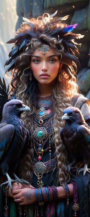 upper body, fashion shoot, complex composition, Goddess from Celtic mythology, hugging a raven, dynamic lighting, full body portrait, long messy hair, radiant and beautiful eyes, dressed in traditional Celtic attire adorned with jewels and symbols, Ink, pastel, mysterious atmosphere, complex embroidery, portrait, fine brushwork, frontal composition, pale Watch dynamic footage of black ink flowing: Photorealistic masterpieces in 8k resolution: Aaron Hawkey and Jeremy Mann: Intricate fluid gouaches: Jean Bart tiste monger: Calligraphy: Cene: Colorful watercolor art, professional photography, natural light, volumetric light maximization photography Image: by marton bobzert: 8k resolution concept art intricate, elegant, vast, fantasy, psychedelic realism, octane render, dripping paint, nightmare flames, eye details, cinematic, ,Wonder of Beauty,Dwarven City