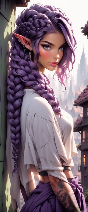 1girl, elven features, braid hairstyle, pale green eyes, purple hair with white inclusion, sexual casual outfit, semirealism, detailed clothes, detailed jewerly, city background, elven style tattoo, dark black soft palette, flat lighting, full body portrayal,Comic Book-Style