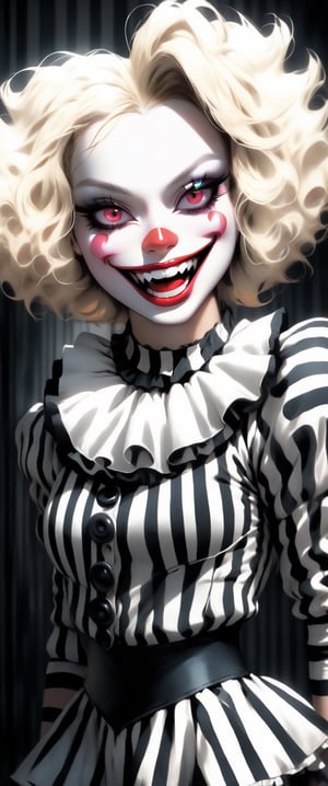 a seductive blonde woman clown with red eyes in a white and black striped outfit, with a crerpy smile, dark and mysterious background . Full_body, ,aw0k magnstyle