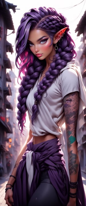 1girl, elven features, braid hairstyle, pale green eyes, purple hair with white inclusion, sexual casual outfit, semirealism, detailed clothes, detailed jewerly, city background, elven style tattoo, dark black soft palette, flat lighting, full body portrayal,Comic Book-Style,more saturation 