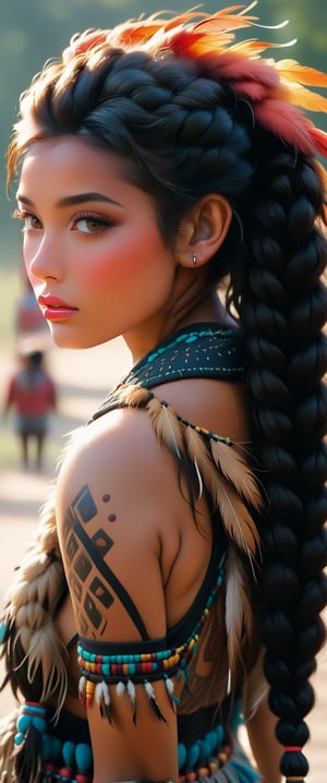 (masterpiece,best quality,high detailed),picture perfect face,blush,freckles,indian,girl,shiny skin,slim,thicc hips,cute,alluring,charming,native american,black hair,braids,hair feathers,ponytail,(MOHAWK INDIAN CLOTHING) 