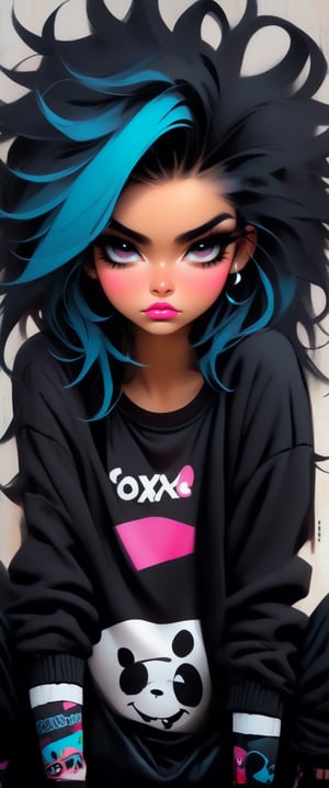 tomboy girl, punk attitude, toxic palette, messy hairstyle, merge vibrant of pop art style and gloominess of gothic style, intricate detail, dark comedy embience,TechStreetwear,disney pixar style