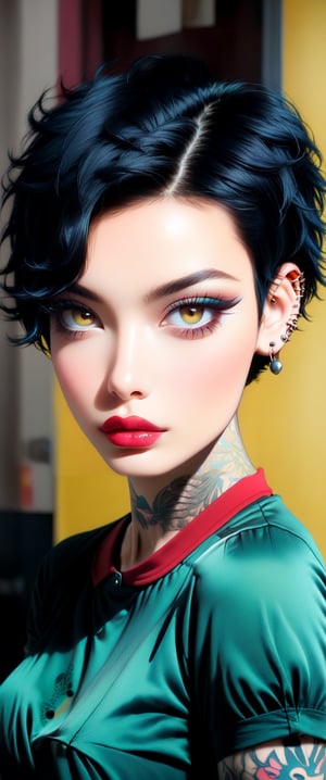 1girl, solo, looking at viewer, short hair, shirt, black hair, jewelry, yellow eyes, upper body, short sleeves, red hair, multicolored hair, earrings, lips, eyelashes, tattoo, makeup, piercing, lipstick, ear piercing, yellow shirt, realistic, nose, red lips, arm tattoo, very short hair, mascara, eyebrow piercing,Japan Vibes