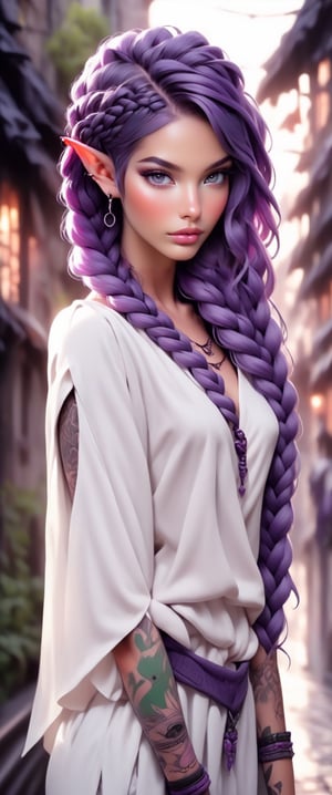 1girl, elven features, braid hairstyle, pale green eyes, purple hair with white inclusion, sexual casual outfit, semirealism, detailed clothes, detailed jewerly, city background, elven style tattoo, dark black soft palette, flat lighting, full body portrayal