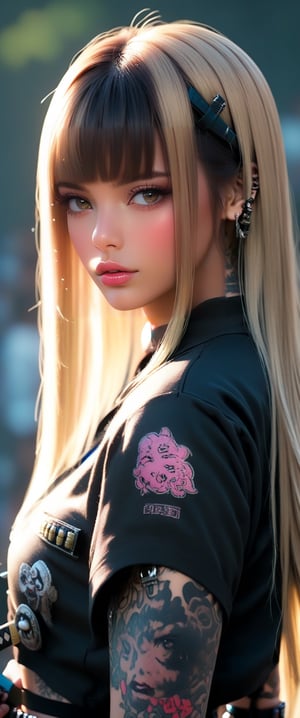 (masterpiece, top quality, best quality, official art, beautiful and aesthetic:1.2), hdr, high contrast, wideshot, 1girl( jisoo-blackpink), long blonde straight hair with bangs, look at viewer, clearly brown eyes, longfade eyebrow, soft make up, ombre lips, full body tattoo, medium breast,  samurai punk girl, (punk theme:1.5), finger detailed,  katana over shoulder,background detailed, ambient lighting, extreme detailed, cinematic shot, realistic ilustration, (soothing tones:1.3), (hyperdetailed:1.2),weapon over shoulder