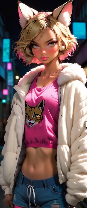 (Serval cat girl, cat ears), (masterpiece, best quality:1.4), (beautiful, aesthetic, perfect, delicate, intricate:1.2), ( cute, adorable), (depth of field:1.2), dramatic lighting, vivid colors, colorful, sexy looking, perfect female form, (perfect face, glossy pink lips, expressive eyes, eyeliner, eyeshadow, blush), short blonde hair, (natural breasts, narrow waists), facing forward, (tanlines:1.4), tan lines, brown skin, sweat, sweaty, navel, midriff, bandages, (pink tanktop, jeans shorts:1.3), (white fluffy jacket:1.2), red bandana, (tokio aesthetics, city streets), (at night:1.4), 