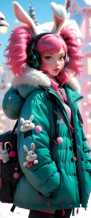 Music note background, 1 girl, pink hair twin-tail, headset, (rabbit fluffy parka coat:1.3), Christmas, dynamic angle, box of gifts ,masterpiece, ,