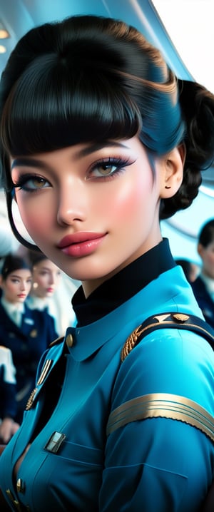 (masterpiece, top quality, best quality, official art, beautiful and aesthetic:1.2), hdr, high contrast, wideshot, 1girl, bun black hair with bangs, look at viewer, light smile, clearly brown eyes, longfade eyebrow, soft make up, ombre lips, hourglass body, large breast, (stewardess theme:1.5), finger detailed, background detailed, ambient lighting, extreme detailed, cinematic shot, realistic ilustration, (soothing tones:1.3), (hyperdetailed:1.2)