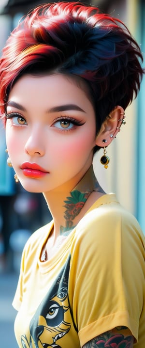 1girl, solo, looking at viewer, short hair, shirt, black hair, jewelry, yellow eyes, upper body, short sleeves, red hair, multicolored hair, earrings, lips, eyelashes, tattoo, makeup, piercing, lipstick, ear piercing, yellow shirt, realistic, nose, red lips, arm tattoo, very short hair, mascara, eyebrow piercing,Japan Vibes