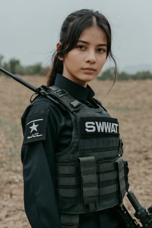 Medium shot of a girl wear swat uniform in the war field