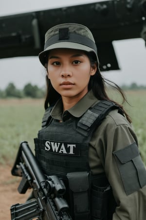 Medium shot of a girl wear swat uniform in the war field