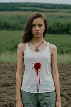 Medium shot of a girl wear tanktop wity blood in the war field