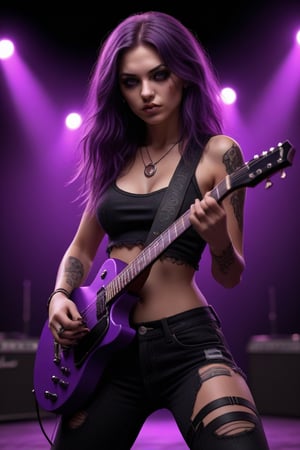 Stunningly beautiful girl playing a purple electric Gibson guitar, intense live performance, hypnotic eyes, wavy long purple hair, sweat, tattoos, black short jeans, ripped top bikini, makeup, gothic necklace, windy stage, background with blurred spotlights and Marshall amplifiers, intense, dramatic, sensual, provocative, fantasy, cinematic, 3d art, ultra-detailed.,<lora:659095807385103906:1.0>