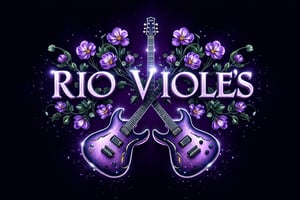 A logo for a rock band called "Rio Viole's". The name, in a prominent blackletter font, should dominate the upper center of the logo. Below, two bouquets of garden pansies merge with two electric guitars, crossing each other in a dynamic, high-energy composition. The overall style should be dark, edgy, and visually striking, with a strong contrast between the delicate flowers and the powerful instruments. The color palette should be dominated by dark tones with accents of purple. The overall atmosphere should convey energy and rebellion.