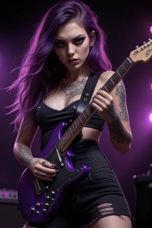 Stunningly beautiful girl playing a violet electric Stratocaster guitar during a live performance, hypnotic eyes, wavy long violet hair, tattoos, black short jeans, ripped top, heavy makeup, windy stage, blurred background spotlights and Marshall amplifiers, intense, dramatic, sensual, provocative, fantasy, cinematic, 3d art, ultra-detailed.
,<lora:659095807385103906:1.0>