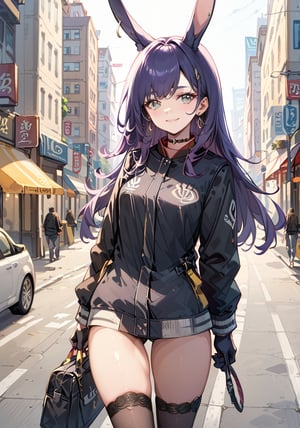 (score_9,score_8_up,score_7_up), 1 girl, long hair, dark purple hair, grey eyes, black bow, rabbit ears, rabbit ear ring, bangs, choker, black gloves, black closed long hem jacket, black closed long jacket, black thigh highs, ((black jacket):1.25)

, smile, closed_mouth

, ((in the city, on the road):1.15)