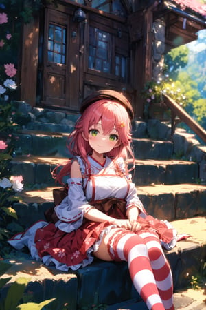 masterpiece,best quality,1girl,,sakura_miko ,pink hair,frilled dress,frilled skirt, striped_thighhighs,,sitting,hat,smile,stair,flowers, sunlight,light particle,blur,more detail xl,nature,scenery,more detail XL