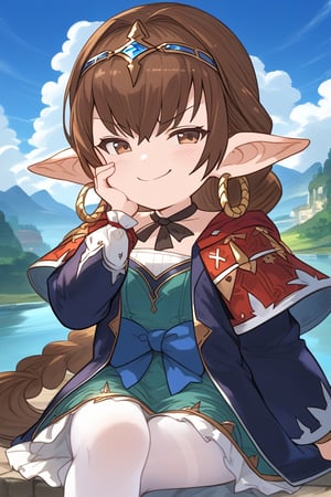 gbfpxnl,score_9, score_8_up, score_8, 1girl, hand on cheek,haaselia \(granblue fantasy\), brown hair, single braid, long braid, brown eyes, pointy ears, harvin, shortstack, hair between eyes, hoop earrings, circlet, blue coat, open coat, green dress, white skirt, waist blue bow,, white pantyhose, 
annoyed,smug,(sitting,crossed_legs),outdoors, scenery, close-up, clouds, dappled sunlight, 