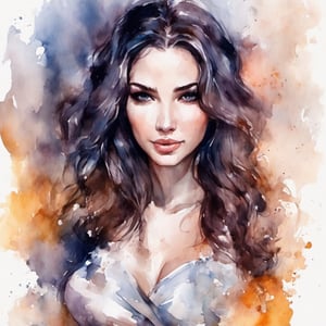 Watercolor illustration,, big breasts, black hair, dress, cleavage, formal, white dress, faceless, female is very sexy dressed and very senusal, (full growth)