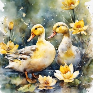 Watercolor painting, stickers nude yellow ducks separately, individual items and dont touch each other stickers, ink, white background