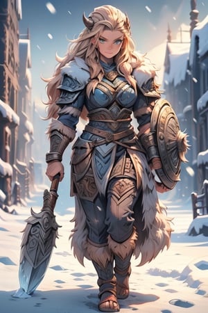 a woman viking  wearing divine  Viking  clothes, she walks in the snow , she holds her hammer in her right hand and her shield in the other hand 