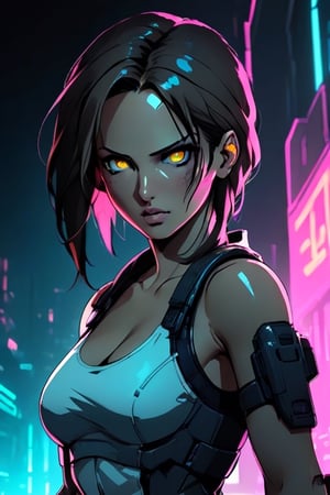 lara Croft in a cyberpunk style looking at viewer with a sexy and serious face 