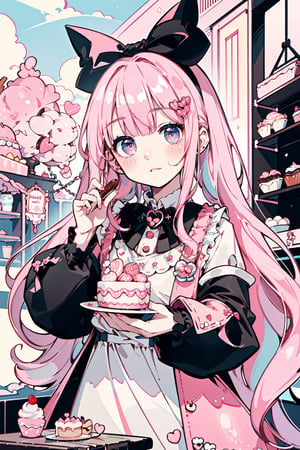 (masterpiece, best quality, high resolution: 1.3), ultra resolution image, (1 girl), (only), kawaii, black and pink hair, black, (sweet charm: 1.4), cakes, freshly baked bread, macarons , wooden shelves with cupcakes, bakery, shop, landscape, soft, cozy, glow, Kanna Kamui,
