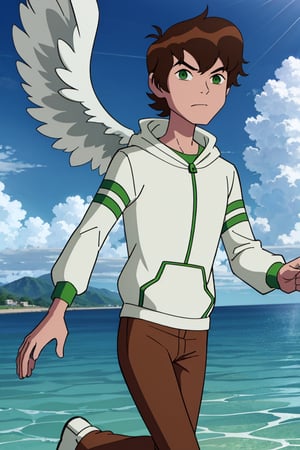 Ben_tennyson,solo,walking in water,angel wings,looking at viewer,blue sky,brown hair,green eyes,white hoodie,hoodie,long sleeves,brown pants,masterpiece