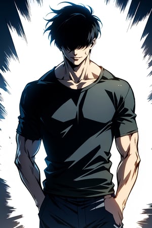 solo, looking _at_viewer, short hair, bangs, shirt, black hair, 1boy, detalied_background, short sleeves, male focus, Solo, looking at viewer, smile, short hair, bangs, shirt, black hair, 1boy, short sleeves, male focus, pants, black shirt, muscular, scar, abs, pectorals, muscular male, scar on face, hands in pockets, tight, covered abs, tight shirt, fushiguro toji, muscular male, black shirt, hands_in_pockets, Hair over eyes , nanatsu_no_taizai_style, hair over eyes, Hair over eyes, no_eyes, forest, tank_top, :),portrait,illustration,fcloseup,midjourney,3DMM,r1ge