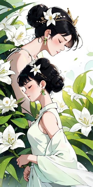 1girl, solo, black hair, hair ornament, dress, holding, jewelry, standing, full body, closed eyes, flower, earrings, barefoot, sleeveless, hair bun, from side, profile, single hair bun, white flower, green dress, long dress, holding flower, lily \(flower\),breasts,dragonbaby,front-tie bikini